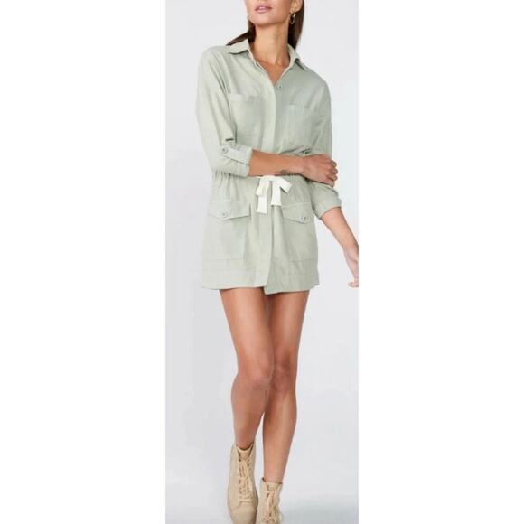 Monrow Sage Green Twill Long Sleeve Pocket Mini Shirt Dress Size Small NWT - Picture 4 of 10